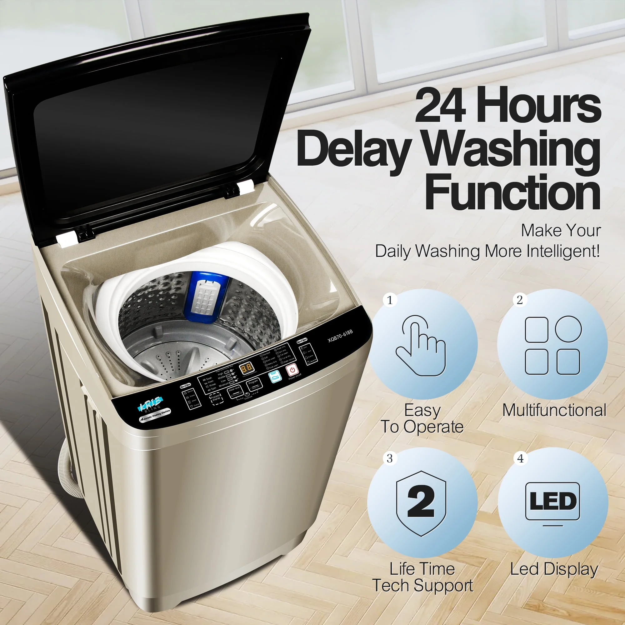 KRIB BLING Portable Washing Machine, 17.7 lbs Large Capacity Full Automatic Washing Machine, Compact Laundry Washer for Home Apartment, Coffee Gold