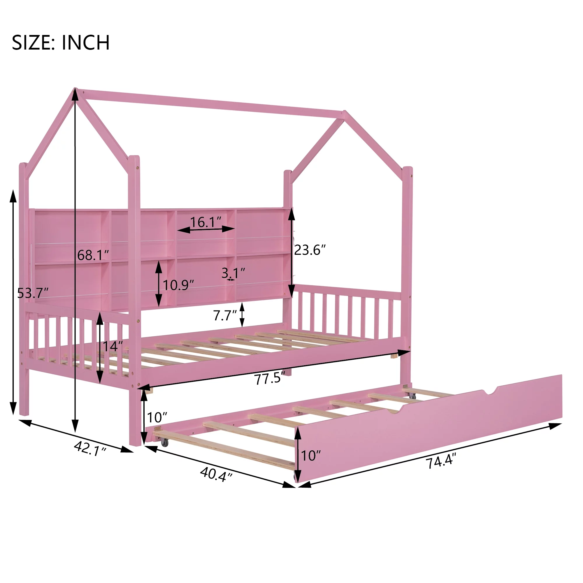 Swivelife Wooden Twin Size House Bed with Trundle,  Kids Bed with Shelf for Kids Room, Pink