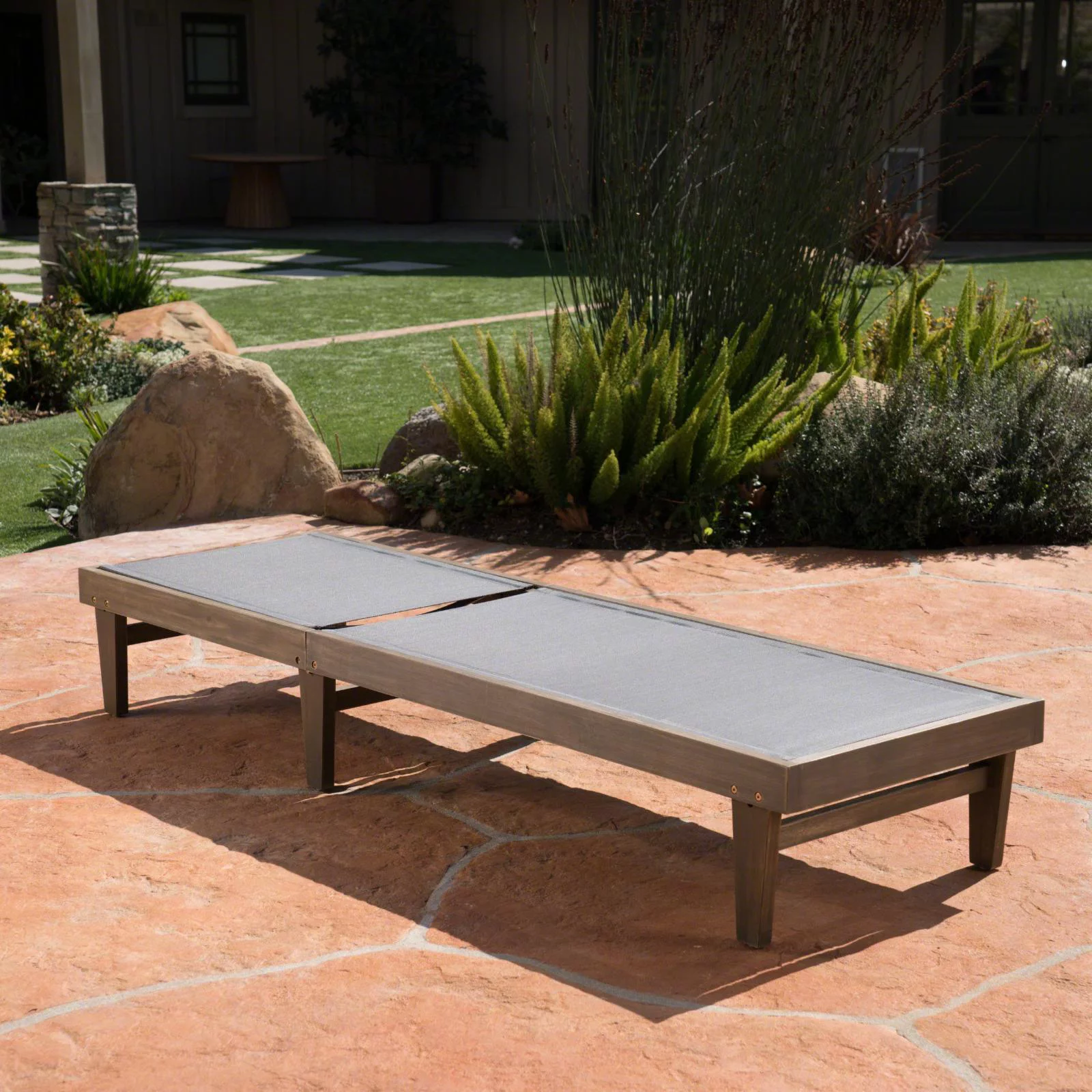 Azara Outdoor Acacia Wood and Mesh Chaise Lounge - Teak and White