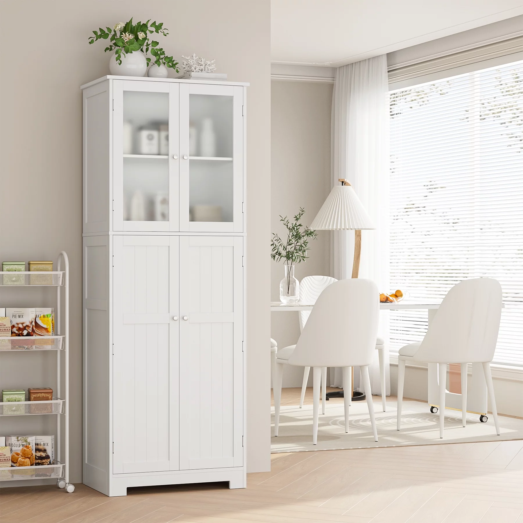 Homfa Farmhouse Kitchen Pantry Cabinet,  67'' Food Storage Cabinet with Frosted Glass Doors for Dining Room, White