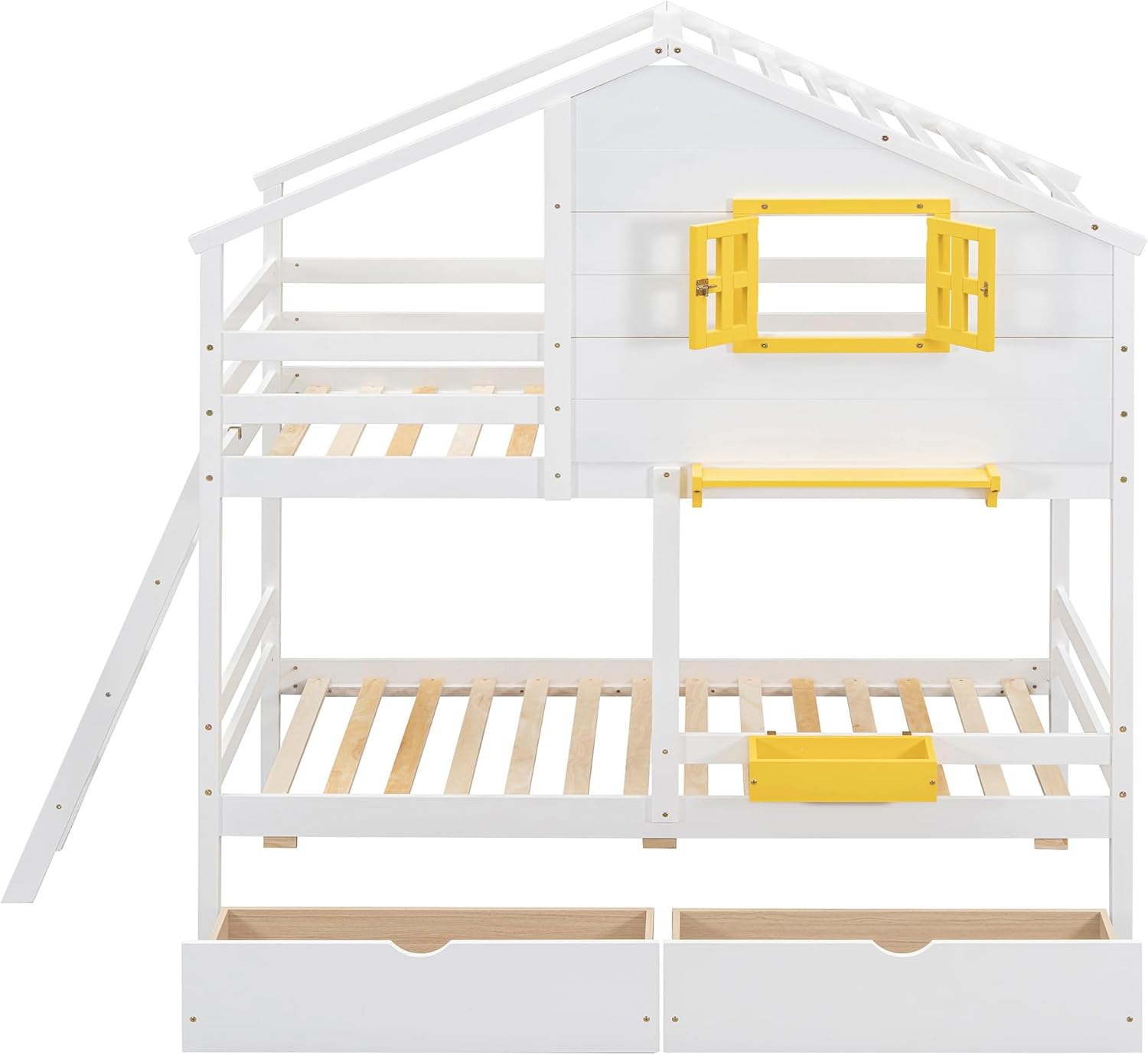 Multi-Functional Bunk Bed for Kids, Twin Size House Bunk Bedframe with Yellow Window & Two Storage Drawers, Open Shelves & Boxes