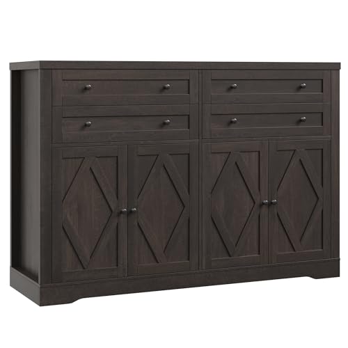HOSTACK 55" Coffee Bar with 4 Large Drawers, 40" Tall Buffet Cabinet with Storage, Kitchen Storage Cabinet, Modern Farmhouse Sideboard Buffet