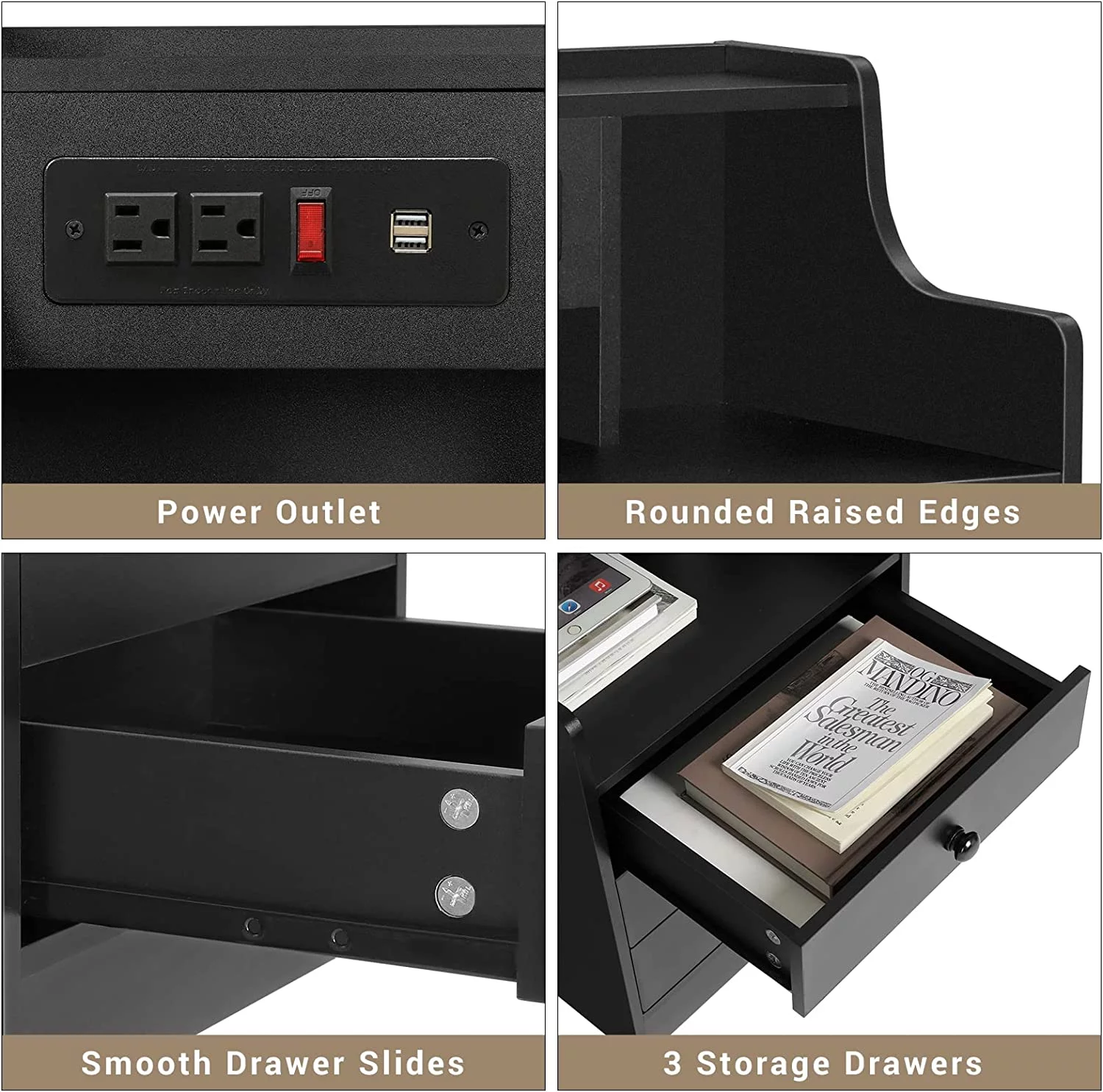 Nightstand Set of 2 with Charging Station, Bedside Table with Hutch and Storage Drawers, Black