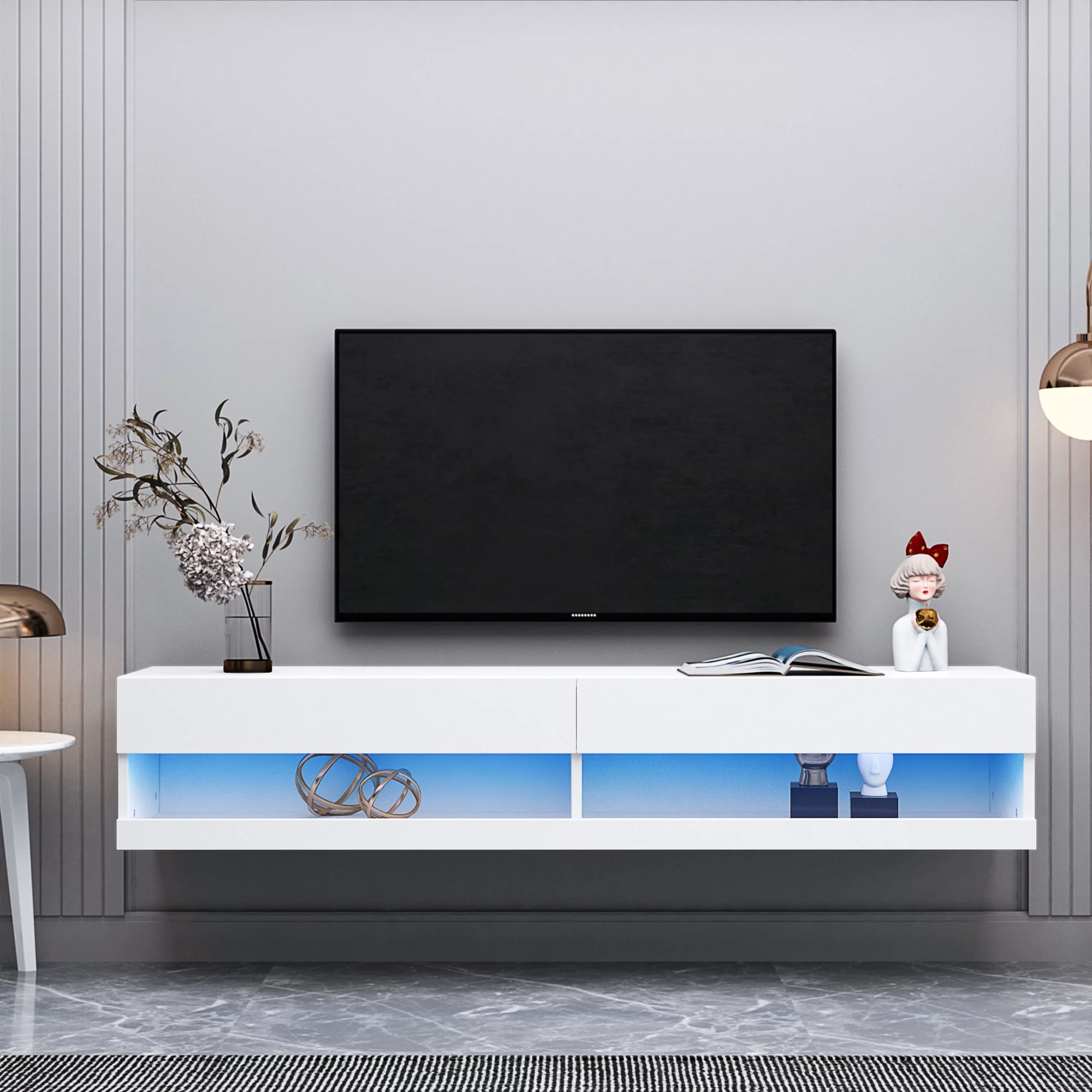 180 Wall Mounted Floating 80" TV Stand with 20 Color LEDs White Entertainment Center TV Console Storage Cabinets for Living Room Bedroom
