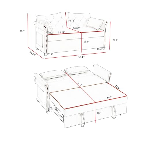 68.11" Corduroy Sleeper Chair Bed with USB Port, Cup Holders & Side Storage Pockets – 3-in-1 Foldable Sofa Bed for Guest Room, Living Room – White
