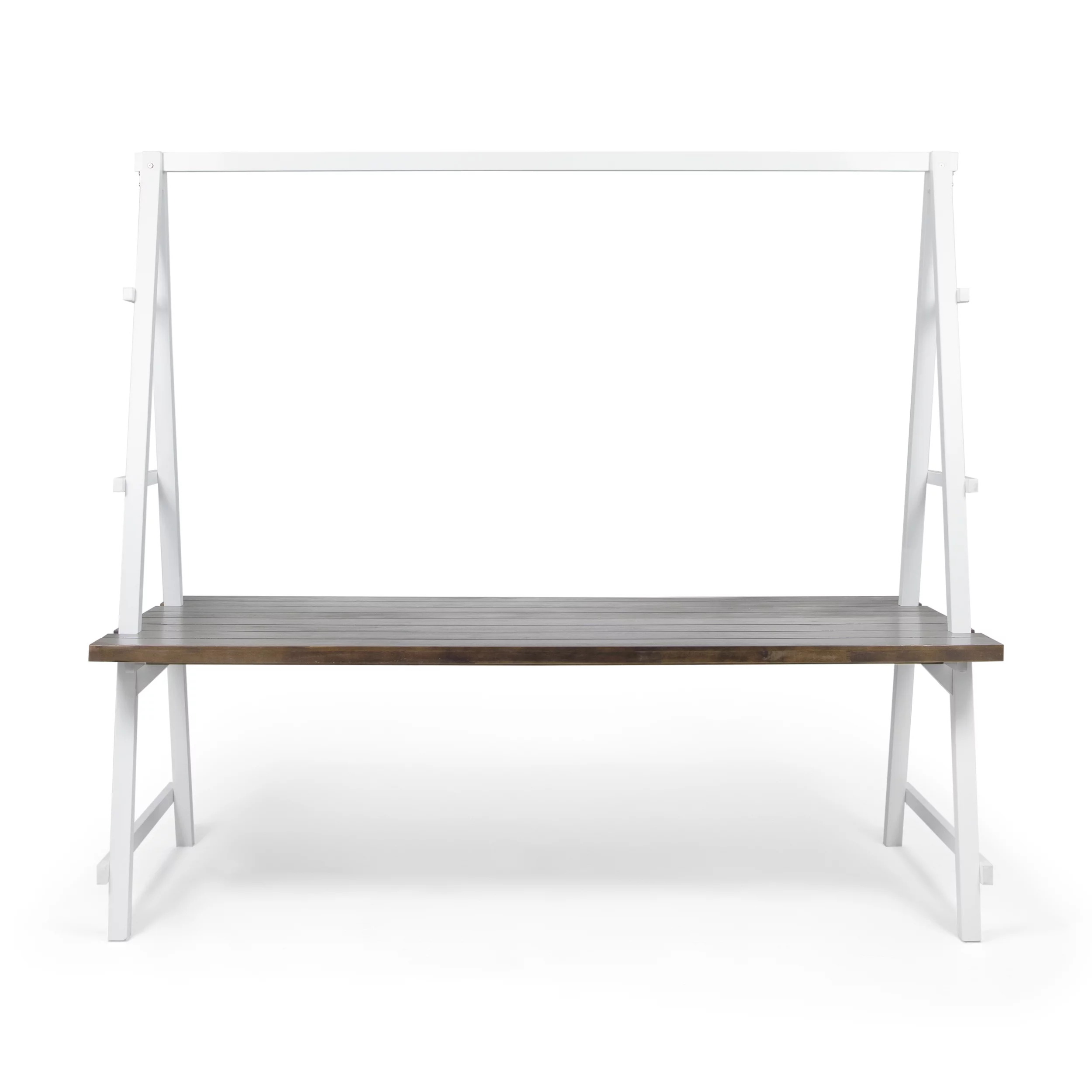 Raven Outdoor Acacia Wood 88.5" Dining Table with Iron Plant Hanger, Dark Brown Finish and White