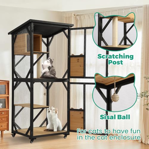 71" H Cat Catio Outdoor Cat Enclosure Window, 4 Tiers Cats Wooden House Cage on Wheels, Large Catios for Cats Indoor Patio with Waterproof Roof