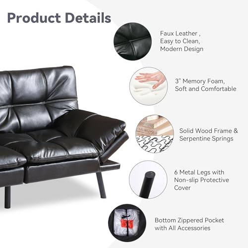 Faux Leather Futon Sofa Bed,Convertible Futon Couch,Memory Foam Loveseat Sleeper Sofa,Small Splitback Modern Folding Couch for Living Room,Office