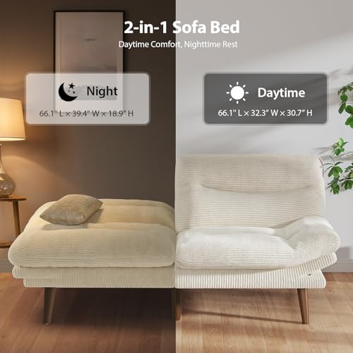 Pipishell Convertible Futon Sofa Bed,66" Corduroy Futon Couch with Adjustable Backrest and Armrests, Recliner Sleeper Sofa for Small Spaces