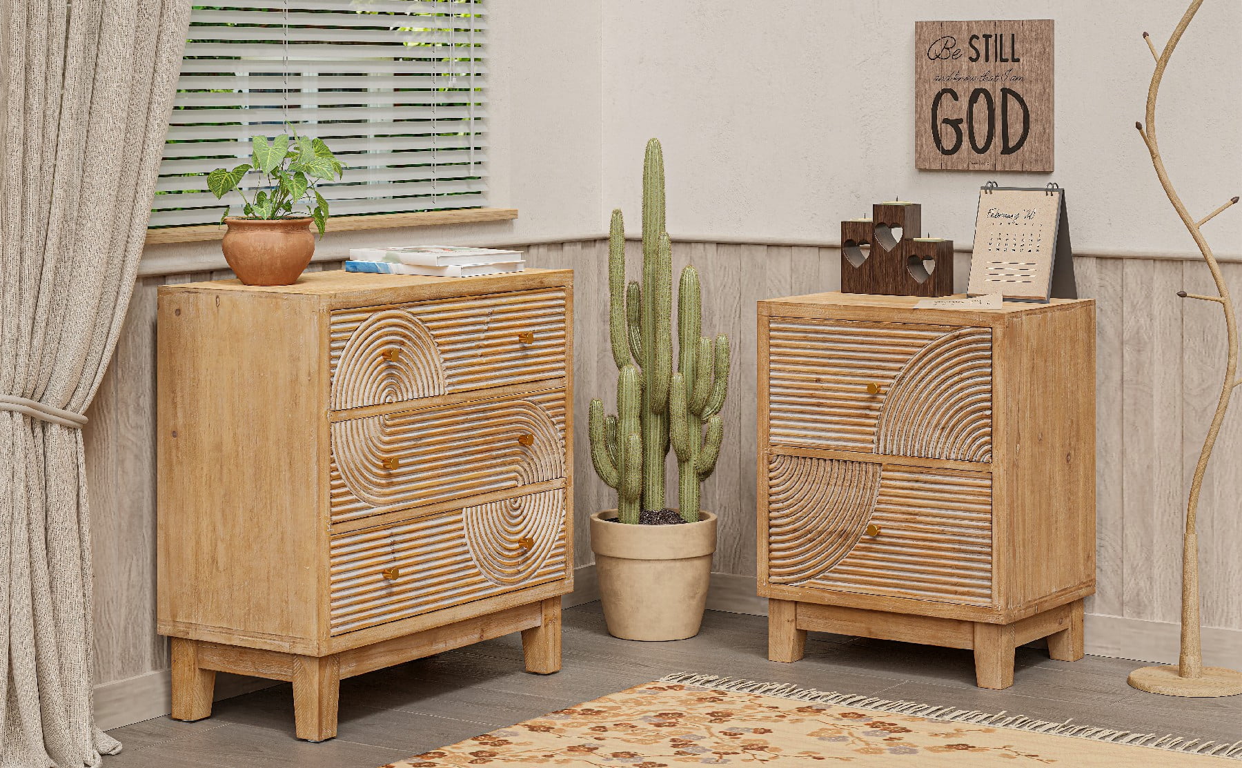 COZAYH 3-Drawer Farmhouse Dresser with Handicraft Wood Ring Motif, Fully Assembled Nightstand Wooden Finish for Boho, Mid-century, Rustic Style