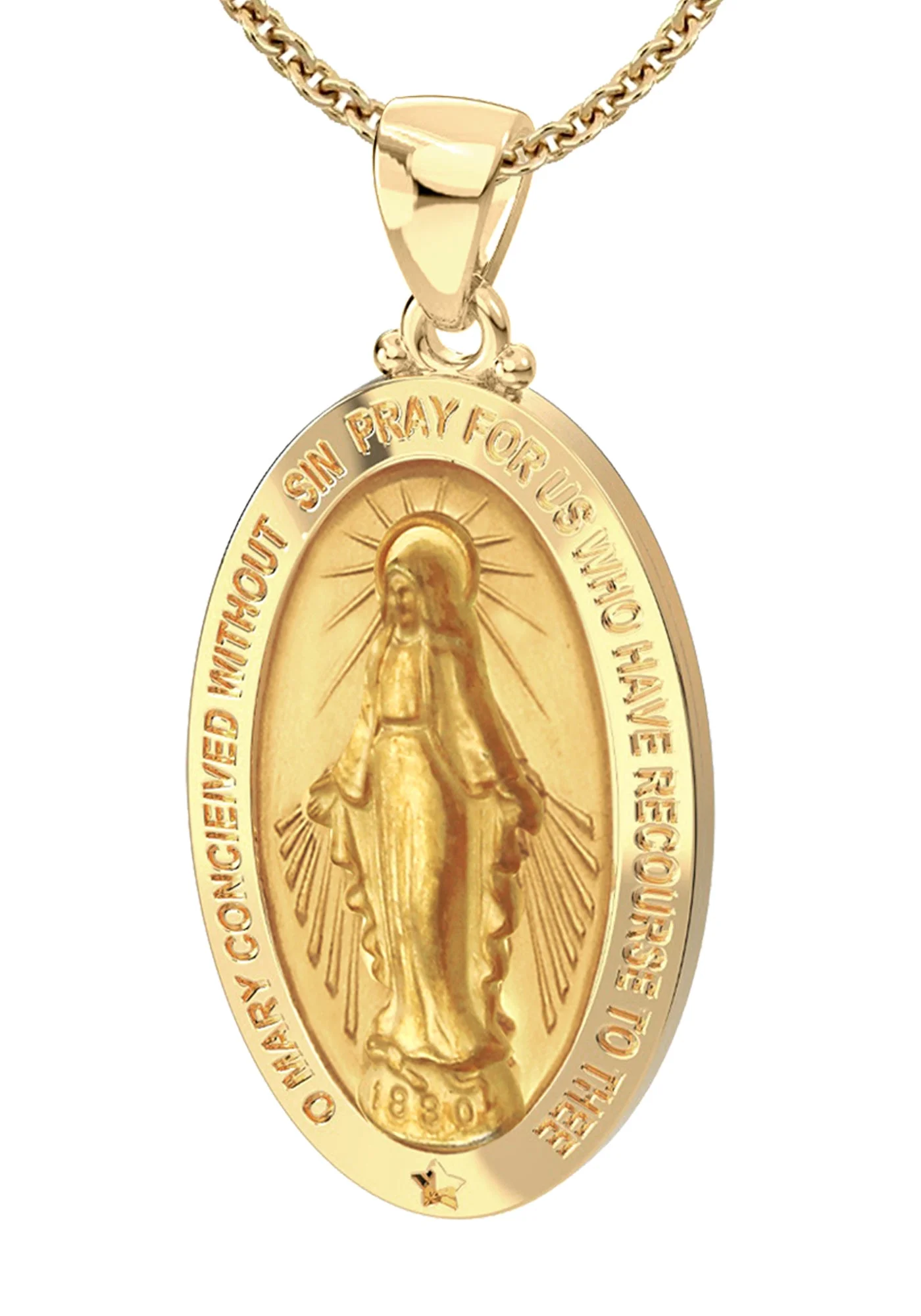 Ladies 14K Yellow Gold Miraculous Virgin Mary Hollow Oval Polished Pendant Necklace, 26mm