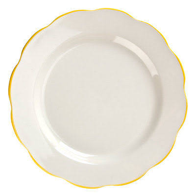 CAC SC-16G Seville 10 3/4u0026quot; Ivory (American White) Scalloped Edge China Plate with Gold Band - 12/Case