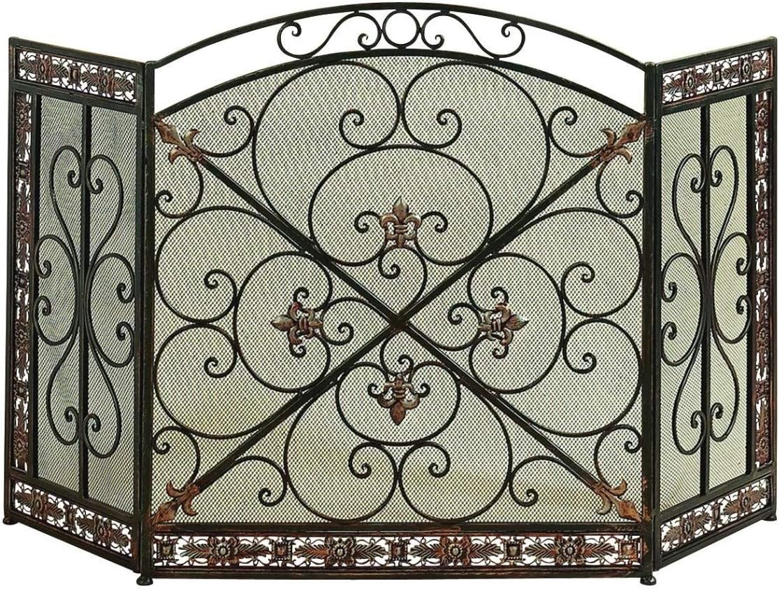 Benzara Domed Top Leaf Patterned Single Panel Metal Fire Screen, Bronze and Green Pack of 2