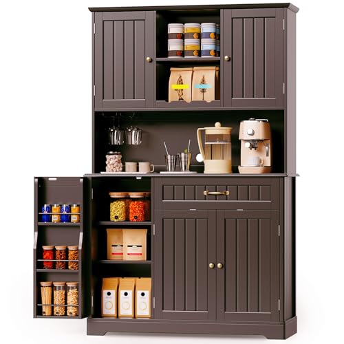 Gizoon 67.7" Kitchen Pantry Cabinet with Microwave Shelf Tall Coffee Bar Cabinet with Storage Kitchen Hutch with Countertop for Dining Room and Craft