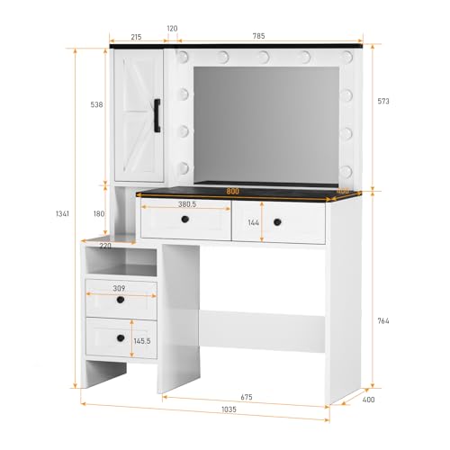 Likein Vanity Desk with Mirror and Lights, White Vanity with Jewelry Storage Cabinet, Makeup Dressing Table with 11 Drawers, Charging Station