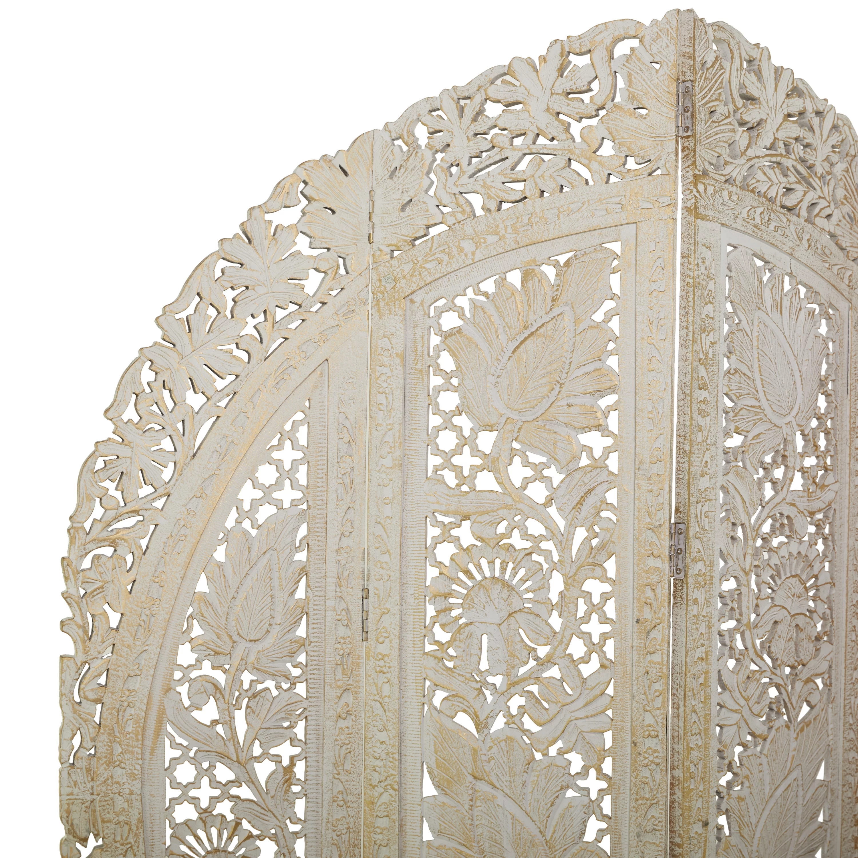 DecMode 60" x 72" White Wood Floral Handmade Foldable Arched Partition 4 Panel Room Divider Screen with Intricately Carved Designs, 1-Piece