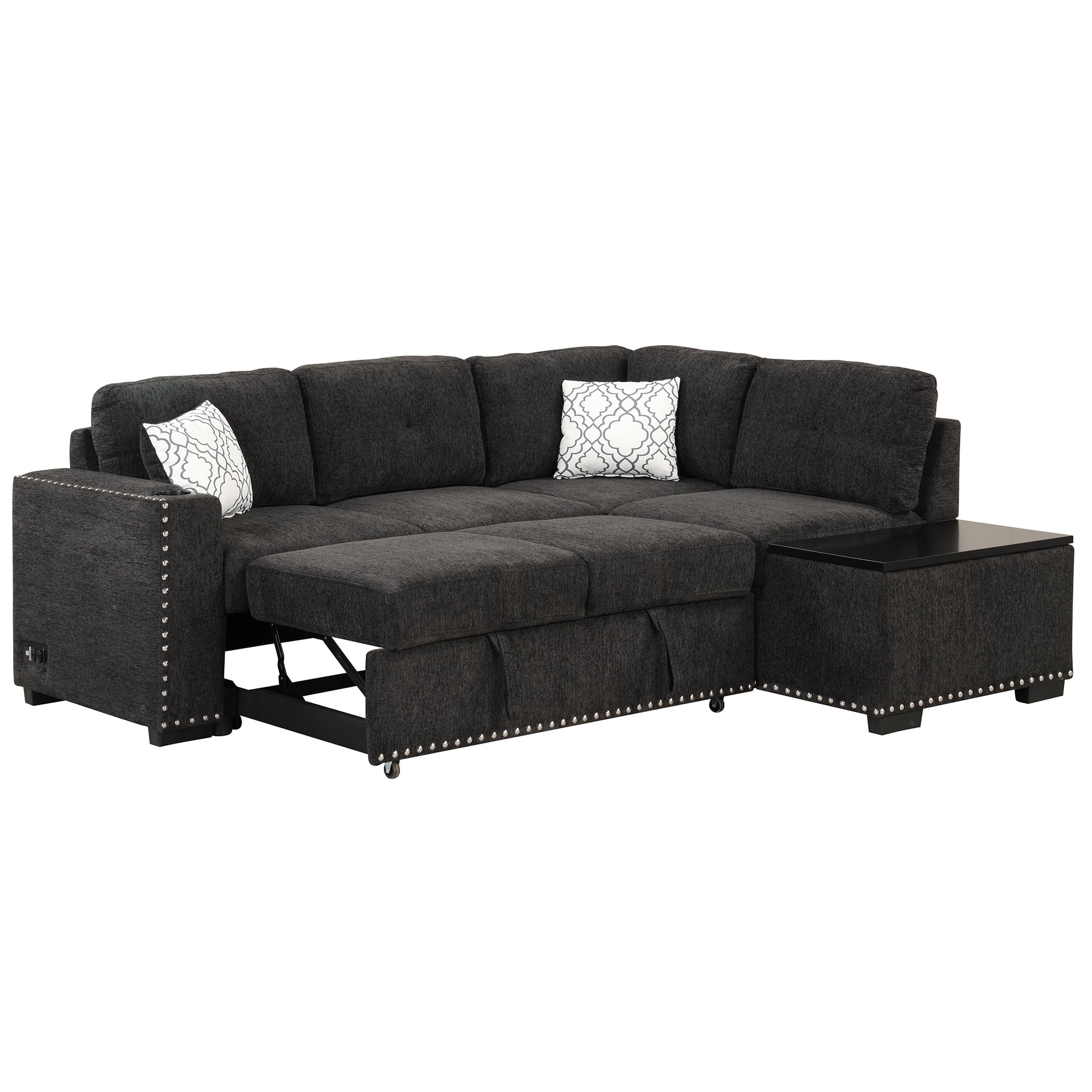 Reversible Sectional Pull-Out Sofa Bed L-Shaped Corner with Storage Chaise, Black