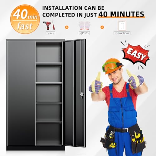 INTERGREAT Metal Storage Cabinets 72” Black Garage Steel Storage Cabinet with Doors and Shelves, Metal Tool Cabinet