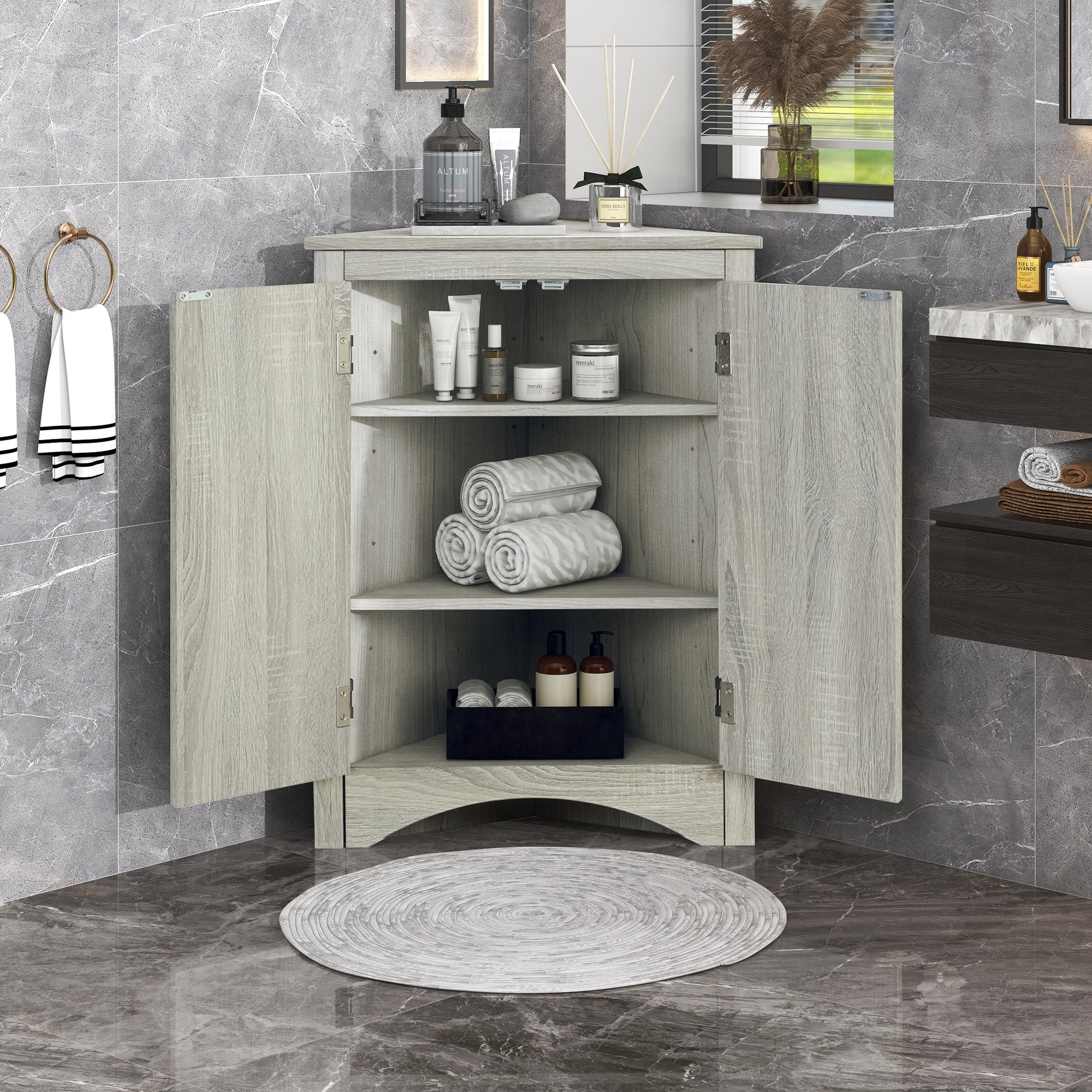 Holaki Triangle Bathroom Storage Floor Cabinet, Freestanding Cabinet with Doors and Shelves, Oak