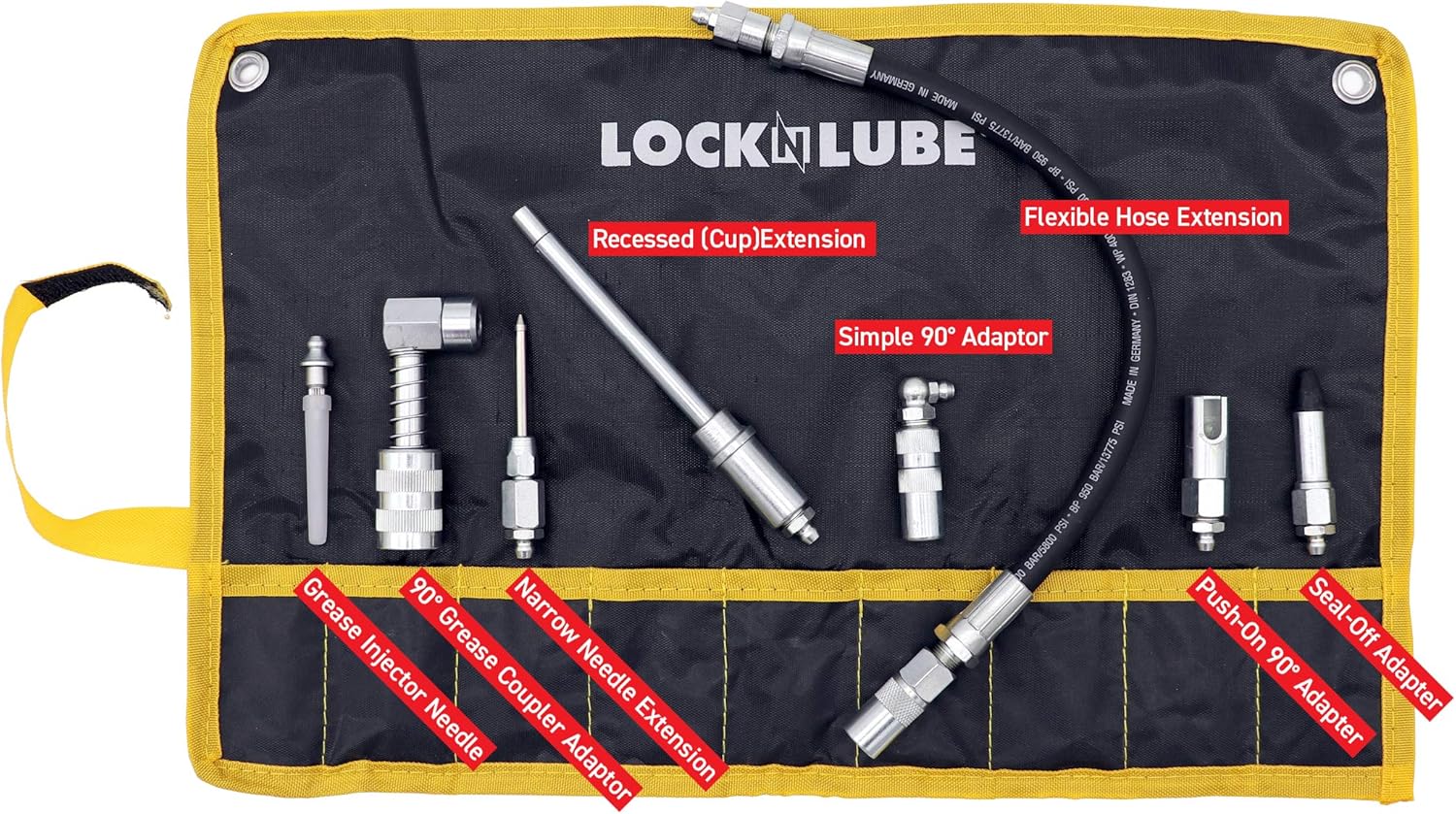 LockNLube 8-Piece Quick Connect Greasing Accessory Kit. Complete grease fitting connection kit. Reach any grease fitting on any machine. The rip-stop