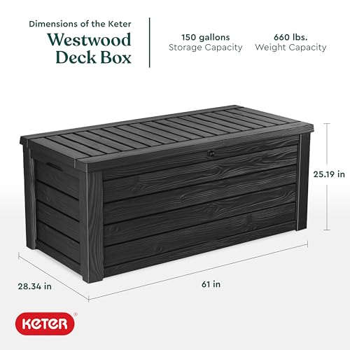Keter Outdoor Storage Deck Box, 150 Gallon Resin Patio Bin & Bench, Wood Grain, Brown