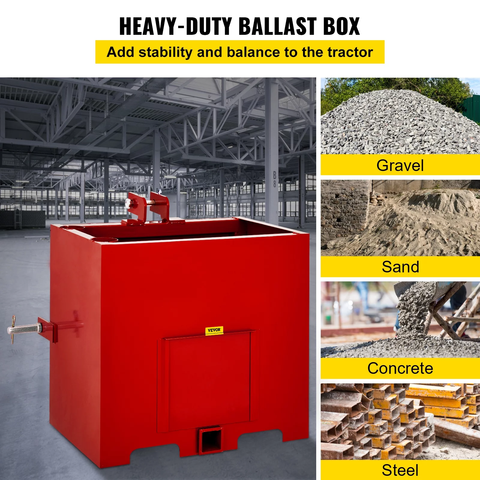 VEVOR 3 Point Ballast Box, 800lbs Capacity Hitch Ballast Box, Standard 2'' Hitch Receiver, Tractor Ballast Box with 5cu.ft Volume, Heavy Duty Steel