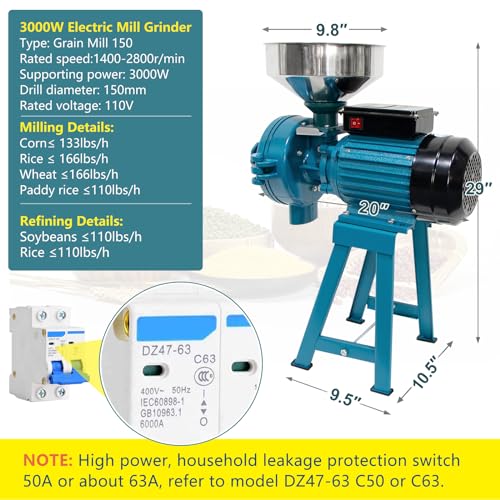 NAIZEA Grain Mills Wet Dry Cereals Grinder, Electric Grain Mill Grinder Corn Mill, Heavy Duty 3000W 110V Commercial Grain Grinder Machine