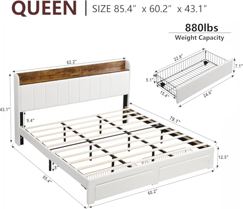 Queen Bed Frame with Headboard & Charging Station, Upholstered Platform Bed Frame with 2 Storage Drawers