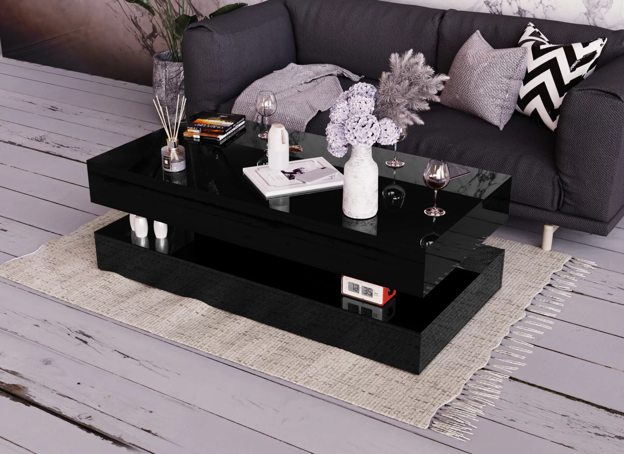 ChVans LED Coffee Table with 2 Storage Drawers, Modern High Gloss Black Coffee Table w/20 Colors LED Lights & APP Control, Large Living Room Furniture