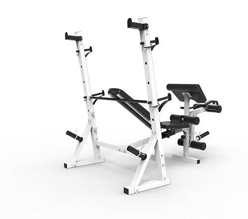 Marcy Olympic Workout Bench for Home Gym Strength Training Equipment with Preacher Curl Pad and Weight Rack Storage, White/Black