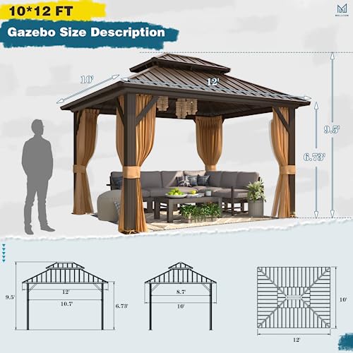 MELLCOM 10'x13' Hardtop Gazebo with Polycarbonate Double Roof, Aluminum Frame Outdoor Gazebo Permanent Pavilion with Curtains and Netting for Patio