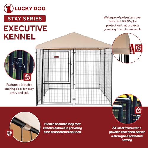 Stay Series 4 by 4 by 4.3 Feet Studio Jr. Black Powder Coat Steel Frame Outdoor Dog Kennel with Waterproof Canopy Roof and Gate Door, Khaki