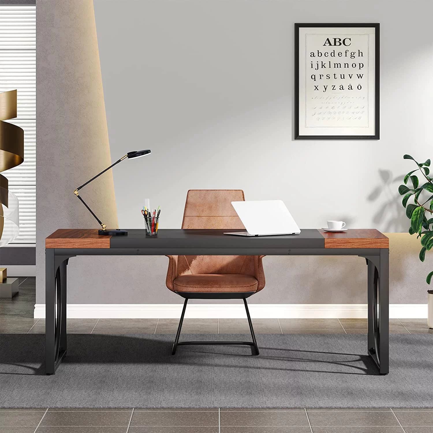 Tribesigns 63" Executive Desk, Large Office Computer Desk, Industrial Thicken Wood Workstation Business Furniture, Walnut & Black
