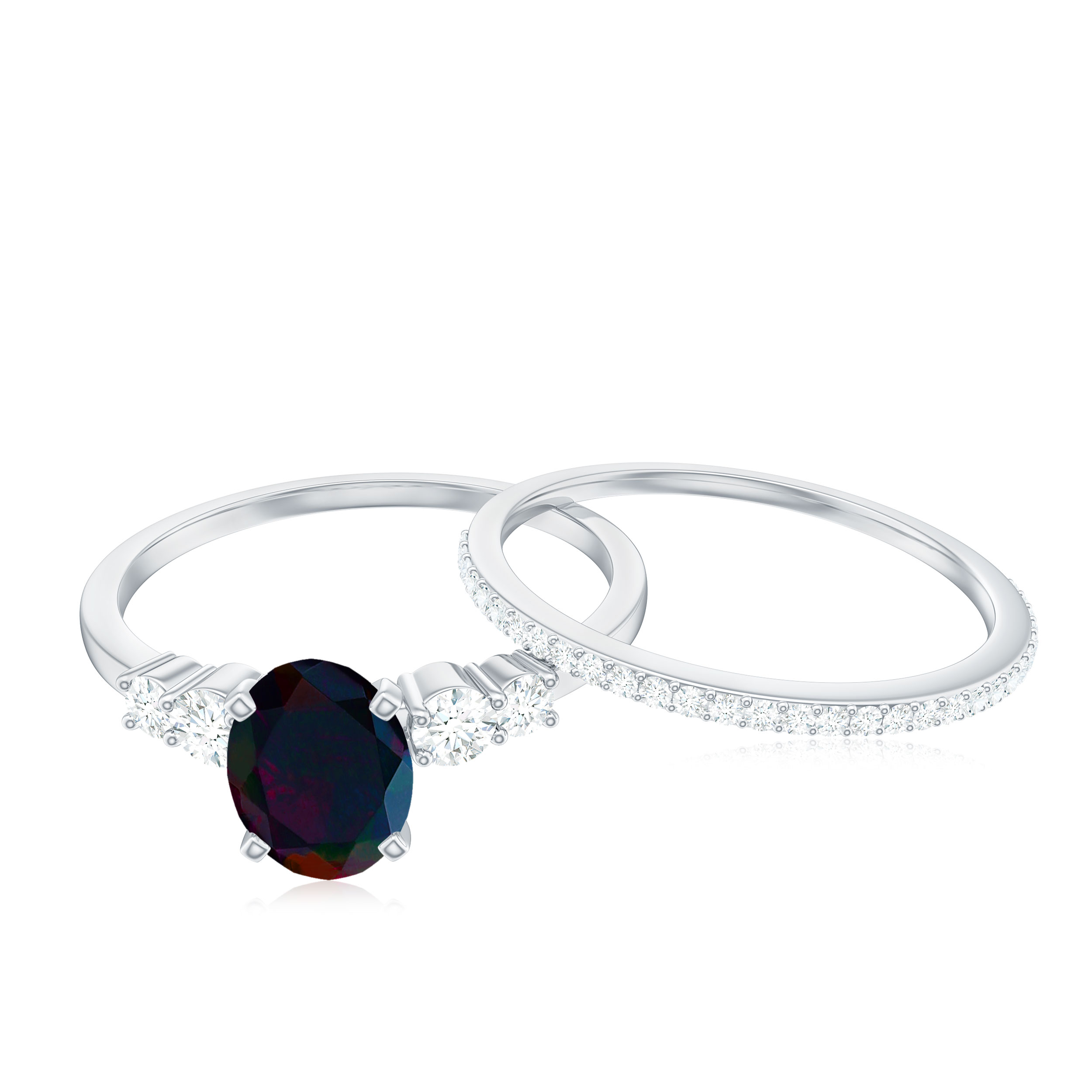 Oval Black Opal Solitaire Ring Set with Diamond for Women (5X7 mm, AAA Grade), 925 Sterling Silver, US 4.00