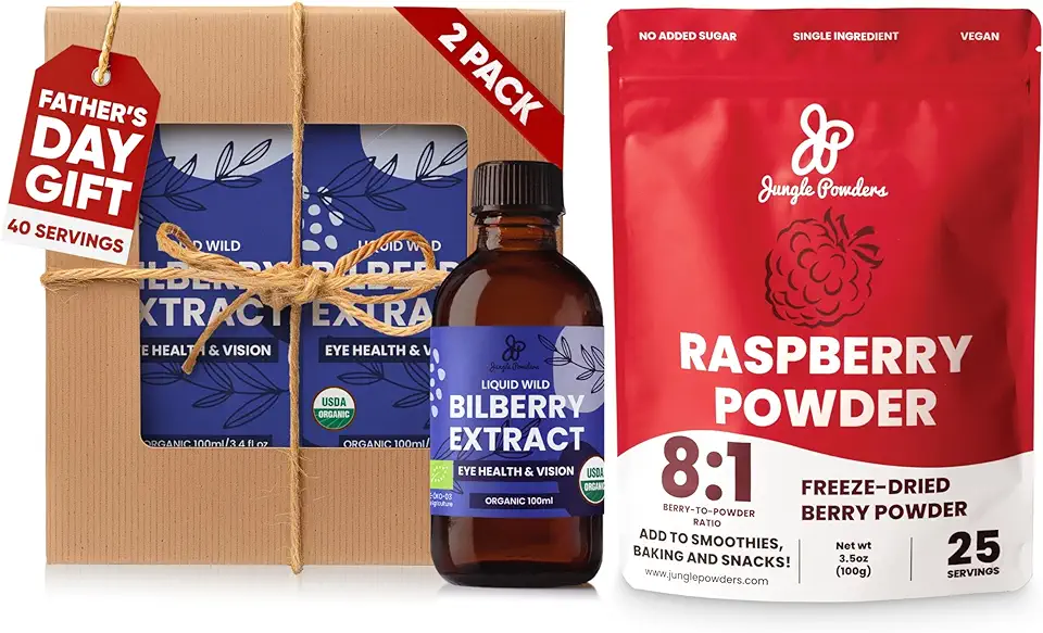 Father's Day Gift for Grandpa - USDA Organic Wild Bilberry Extract Bundle 2x3.4oz Liquid Extract + Raspberry Powder 3.5oz