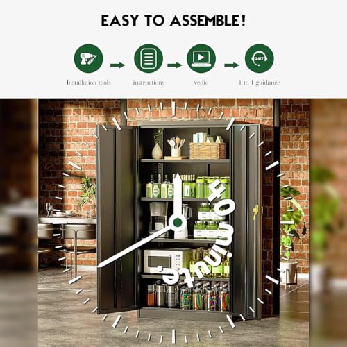 Greenvelly Metal Storage Cabinet, 72" Black Locking Metal Garage Storage Cabinet with Doors and 4 Adjustable Shelves