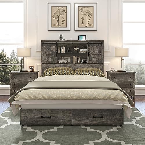 HOWE King Size Bed Frame, Wood Platform Bed Frame with 51.2" Bookcase Headboard, Storage Bed with Sliding Barn Door Charging Station 2 Drawers