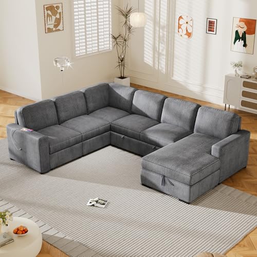L-Shaped Pull Out Sleep Sofabed,Modern Reversible Sleeper Sectional Sofa Chenille Upholstered Button Tufted Decor with Storage Chaise
