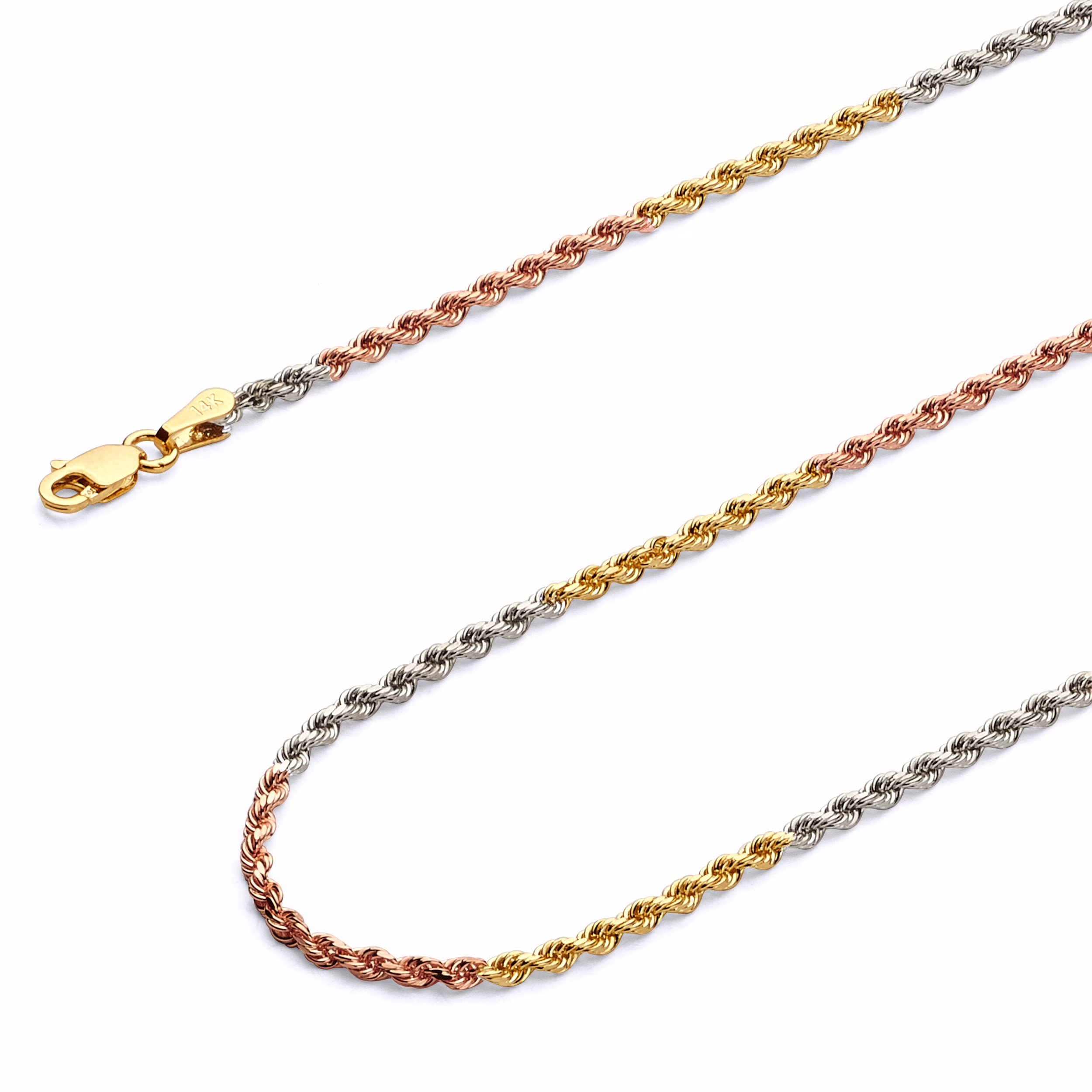 Wellingsale 14k Tri 3 Color Gold Polished Solid 2.0mm Solid Rope Diamond Cut Chain Necklace - 22"
