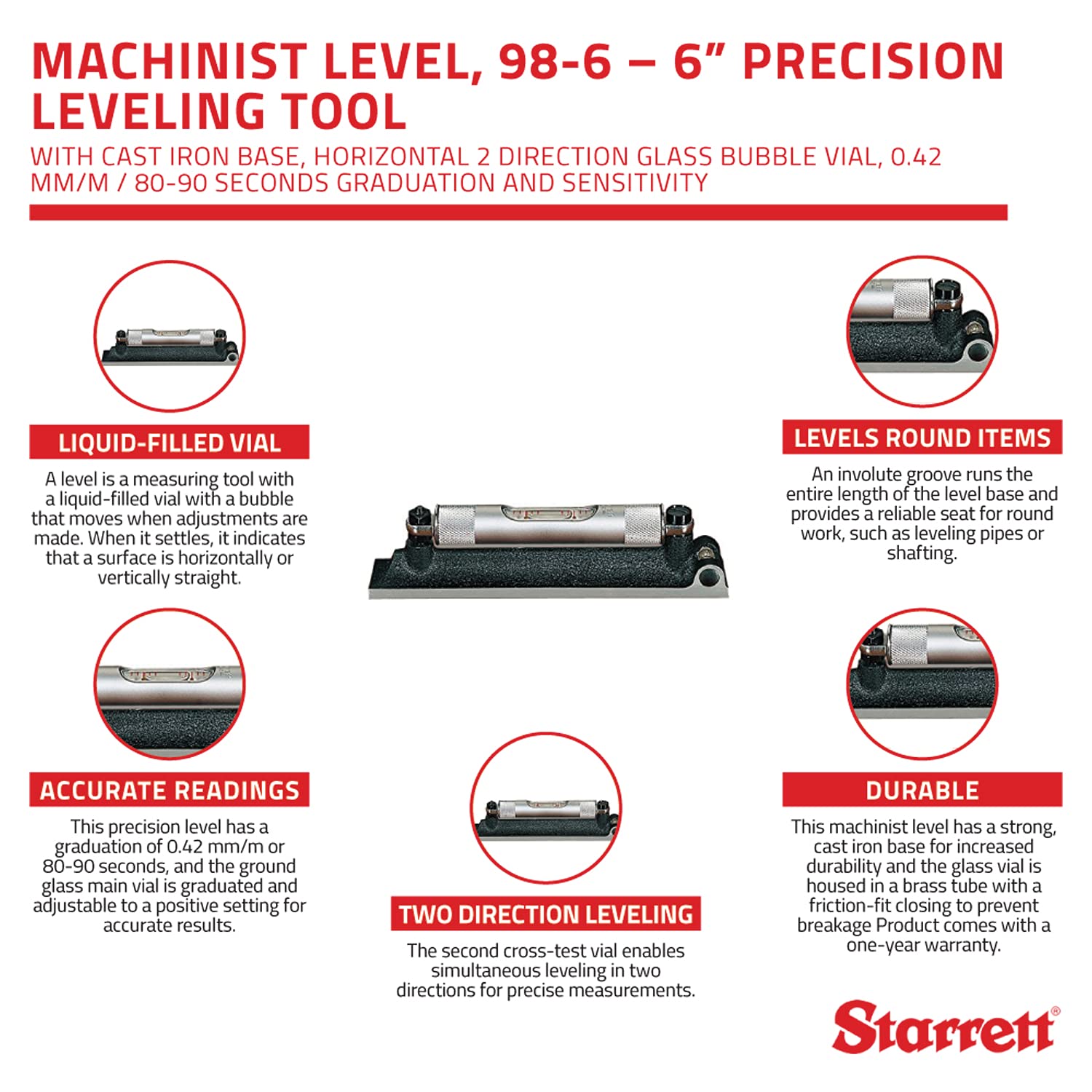 Starrett Machinist Level, 98-6 &ndash; 6 Inch Precision Leveling Tool with Cast Iron Base, Horizontal 2 Direction Glass Bubble Vial