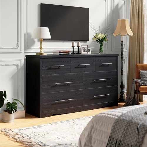 Black 7 Drawer Dresser for Bedroom, 55" Modern Dresser with 7 Deep Drawers, Wooden Chest of Drawers with Metal Handles, Clothes Organizer for Hallway