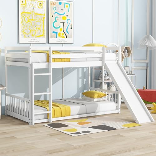Bunk Beds Twin Over Full Size, Pine Solid Wooden Bunk Bed with Slide, Storage Staircase, Safety Guardrails for Kids, White