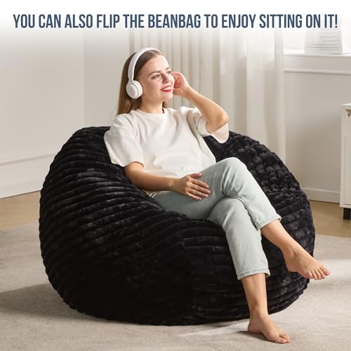 Hobestluk 5ft Bean Bag Chairs for Adults Large Beanbag Chair with Stripe Plush Cover Big Bean Bag Chair for Living Room Bedroom Dorm Office -Black