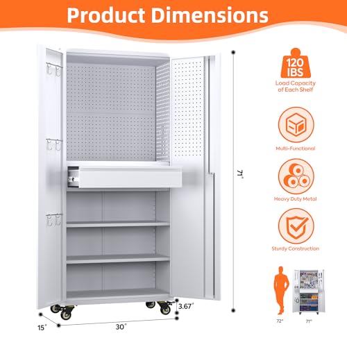 Aobabo 71" H×32" W×16" D Metal Storage Cabinet with Wheels, Garage Steel Storage Cabinet with 5 Adjustable Shelves and 4 Hooks for Home Office