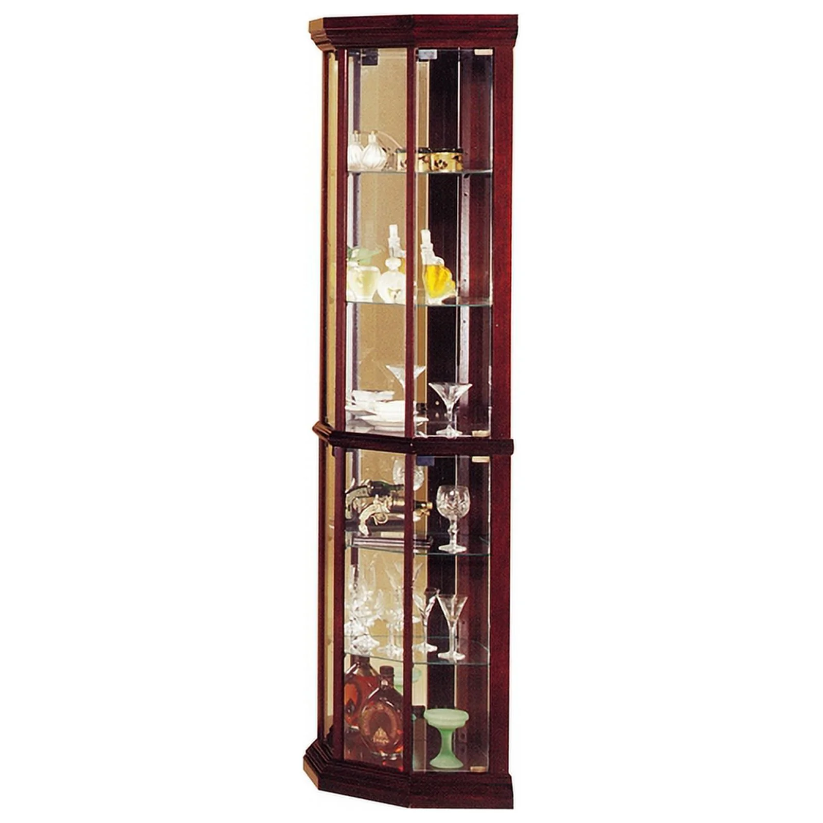 Pemberly Row Contemporary Corner Curio Cabinet in Cherry Finish