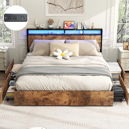Queen Size Bed Frame with 4 Storage Drawers, LED Platform Bed with Headboard, Built in Charging Station, Noise Free, Stable and Solid