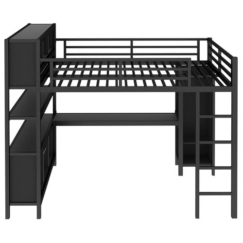 Harper & Bright Designs Full Loft Bed with Desk, Metal Loft Beds with Storage Shelves, Desk, and Wardrobe, Heavy-Duty Loft Bed Frame for Kids, Teens