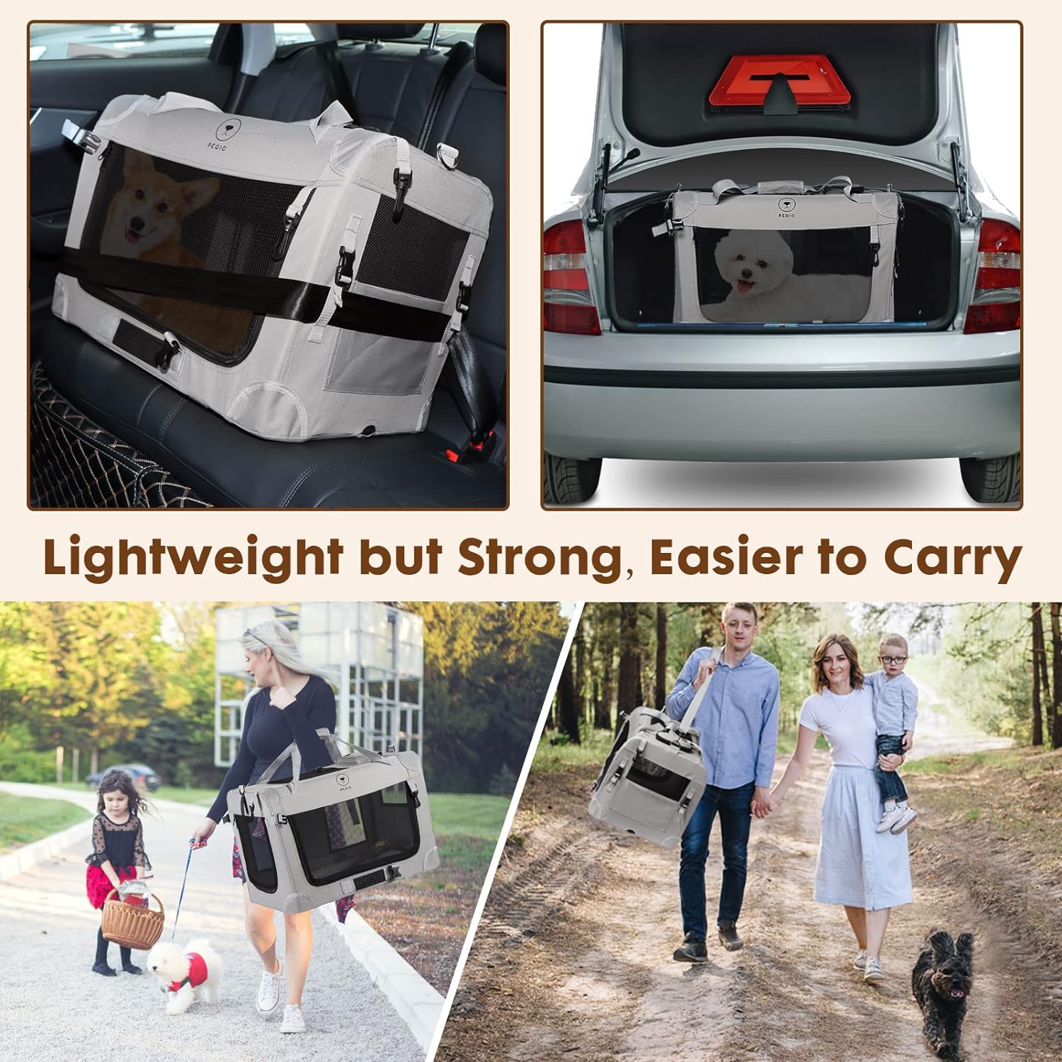 Extra Large Soft Sided Folding Cat Carrier, PEGIC 3-Doors of Collapsible Ventilated Comfortable Design Portable Vehicle for Traveling