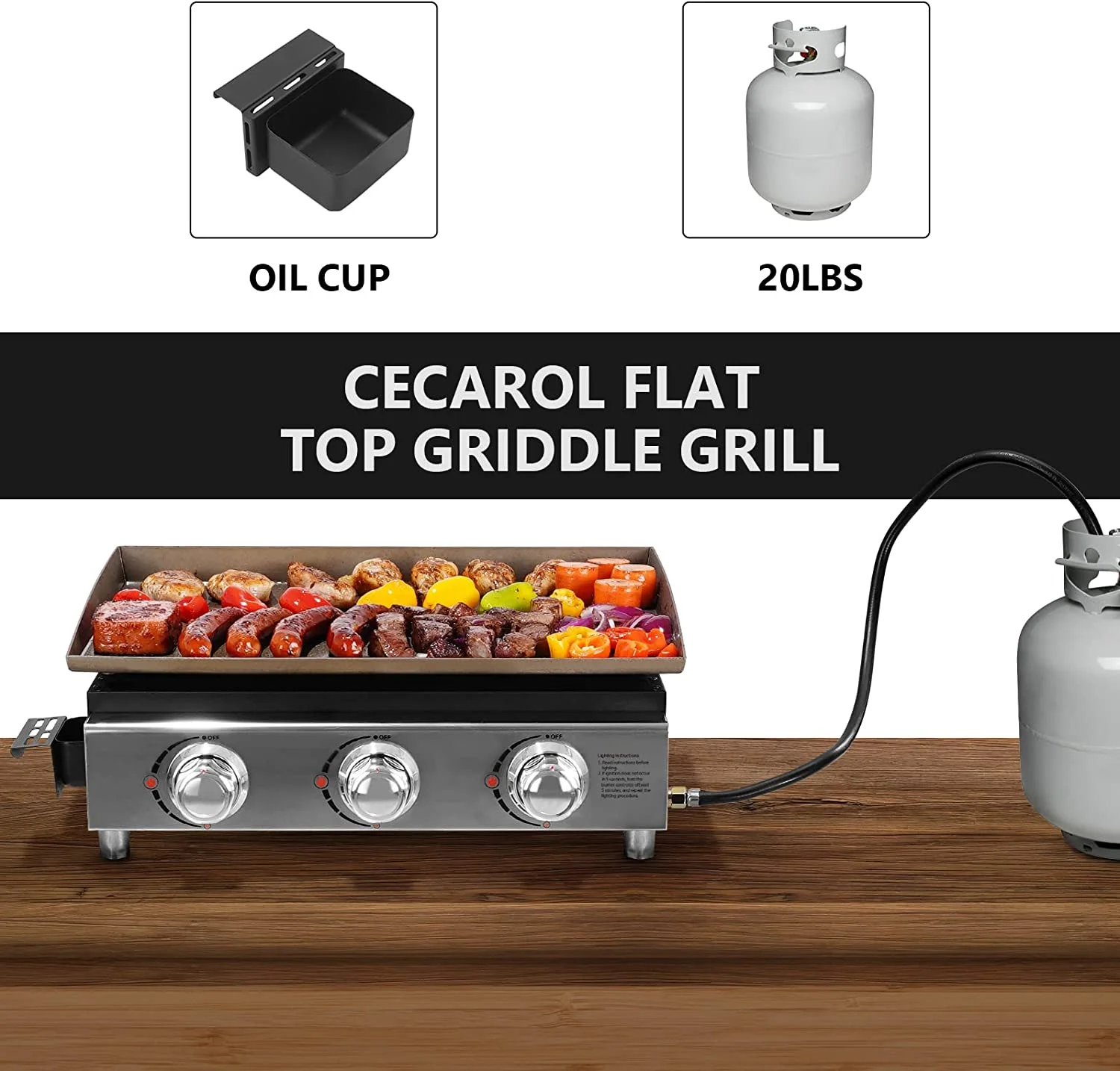 23in 3-Burner Propane Gas Griddle, 355 sq in, 25,500 BTU - For Outdoor, RV, Tailgating