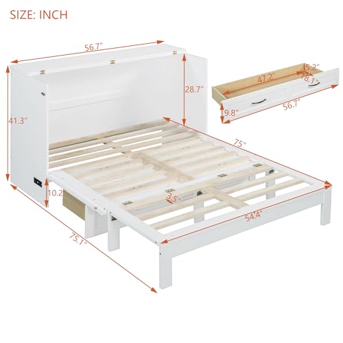 Harper & Bright Designs Queen Size Murphy Bed Cabinet Wall Bed Chest with USB, Charging Station and Large Storage Drawer for Home Office (White)
